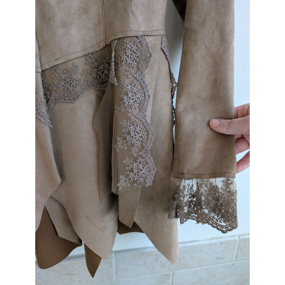 Venus Women M Faux Suede Lace Trim Tunic Jacket Lagenlook Boho Beige Fairycore - Picture 7 of 9